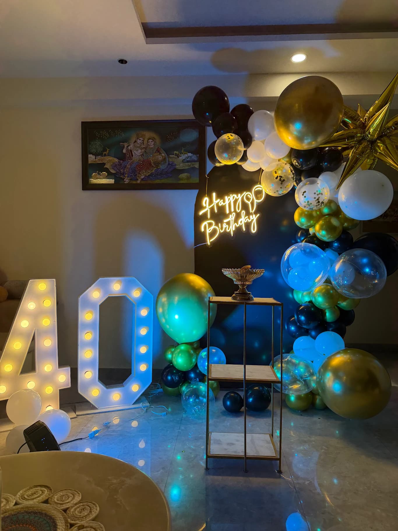 40th Birthday Black Gold Balloon Decor With LED Numbers And Neon Happy Birthday Setup setup in Faridabad