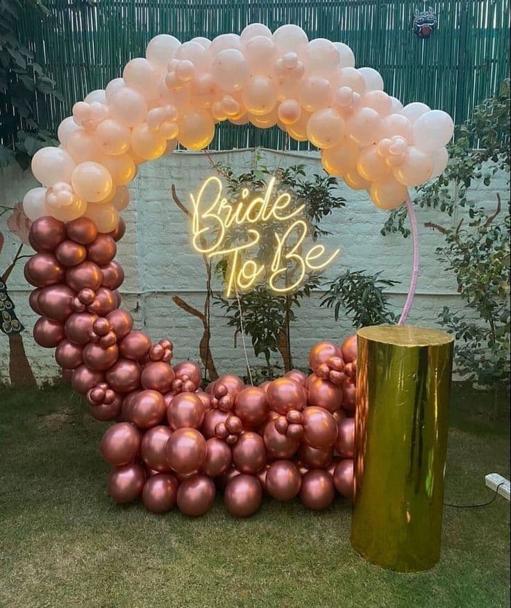 Bride To Be Balloon Decor With Rose Gold Arch And Outdoor Pedestal