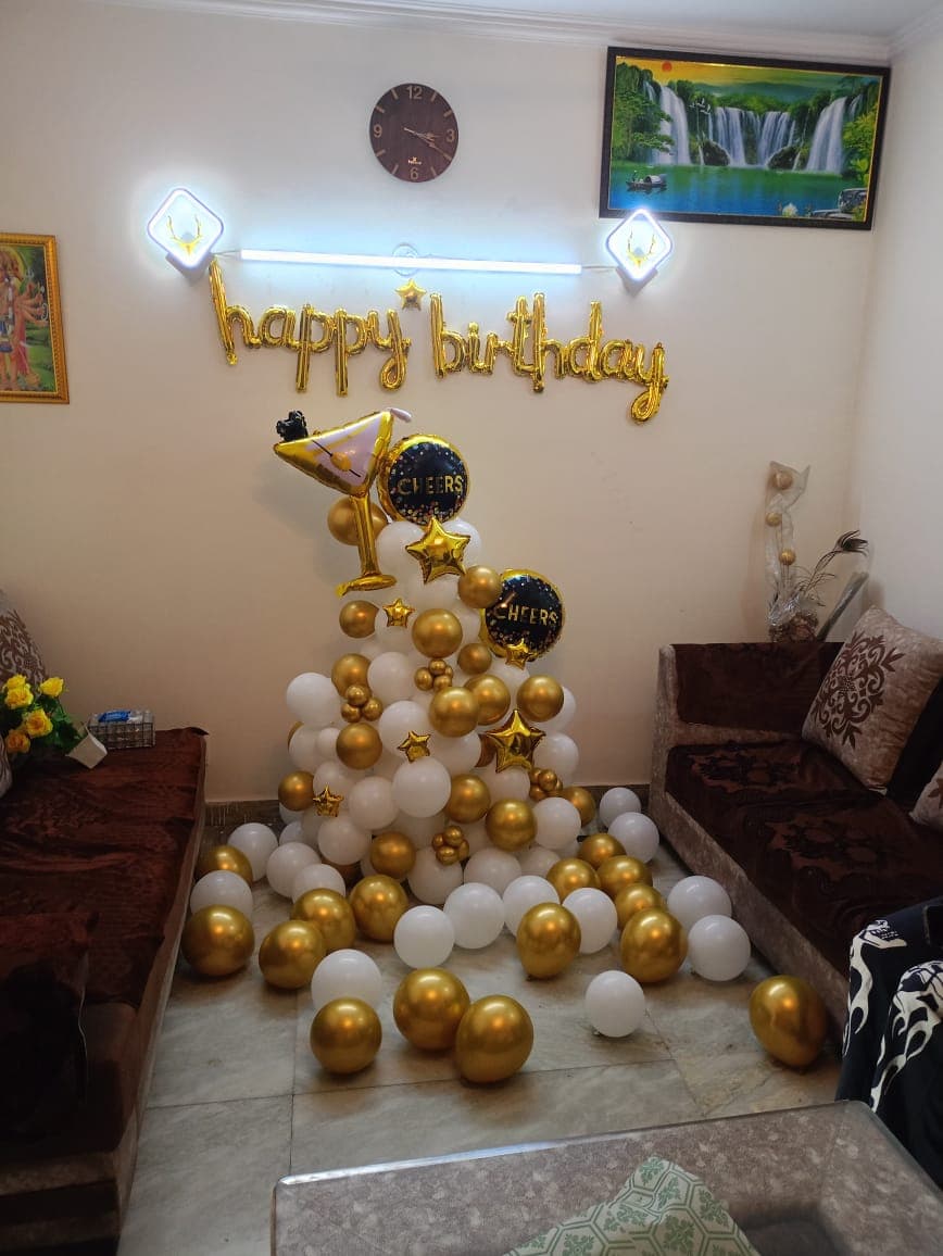 Cheers-Themed Gold White Birthday Balloon Decor With Cocktail Glass Prop