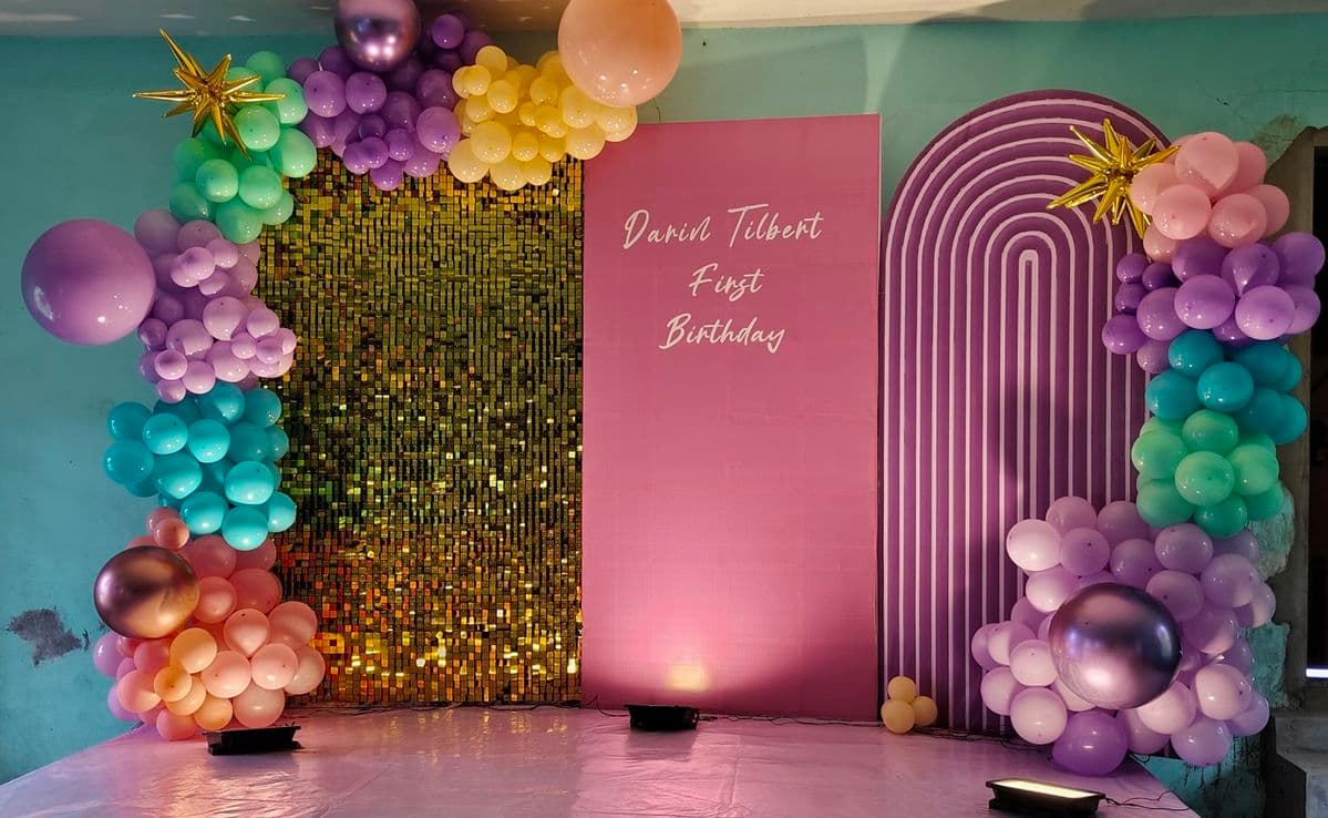 Darin Tilbert First Birthday Balloon Decor With Pastel Panels And Gold Sequin Wall