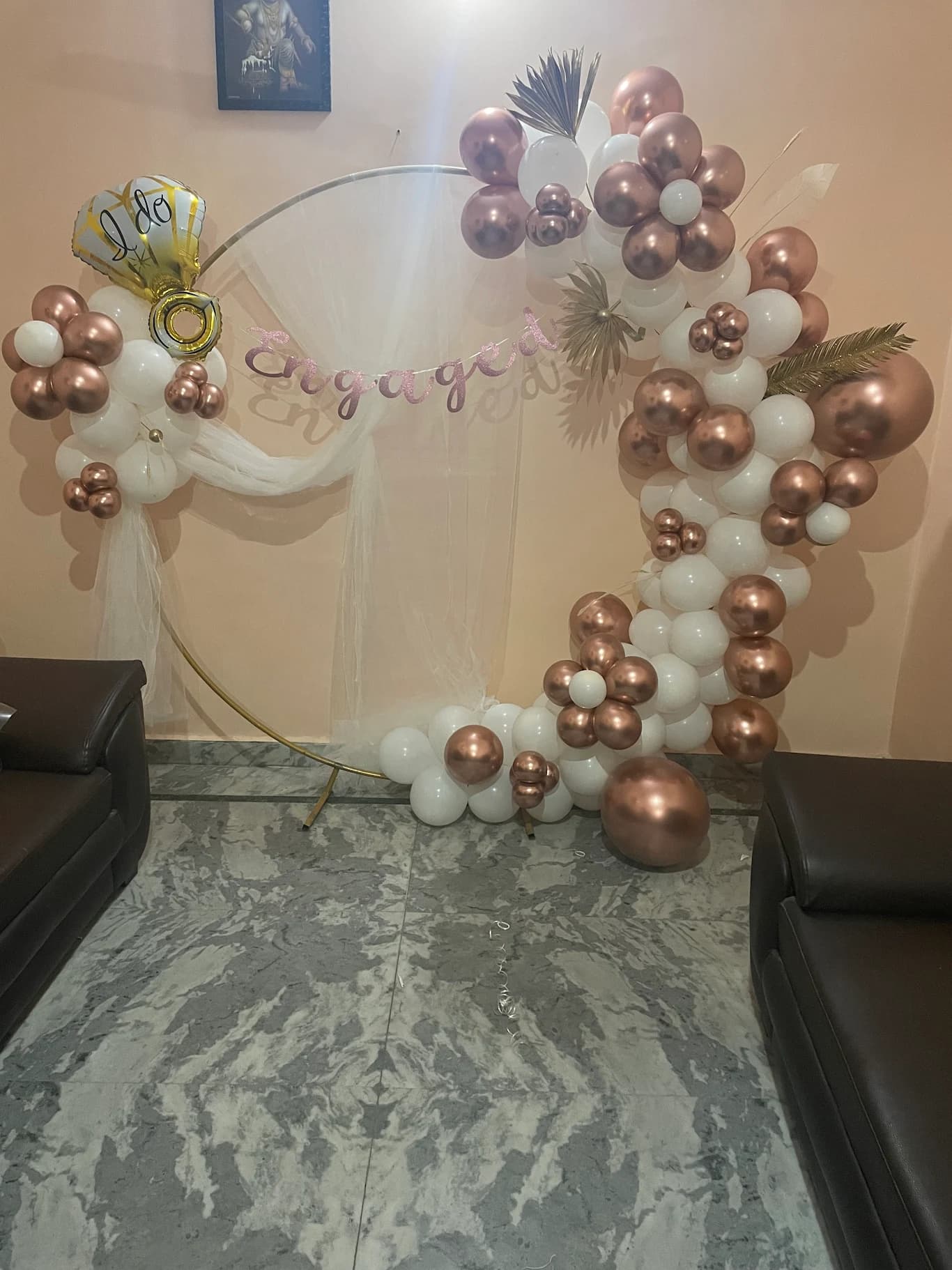 Engagement Ring Balloon Decor With Rose Gold And White Organic Arch Setup setup in Faridabad