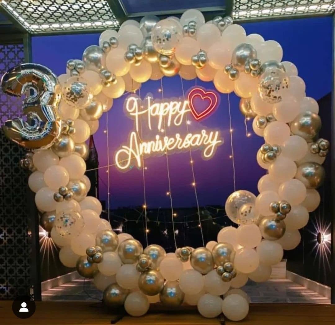 Happy Anniversary Balloon Decor With Glowing Heart And Metallic Number Three