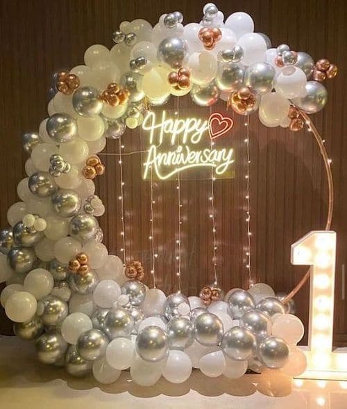 Happy Anniversary Balloon Decor With Illuminated Number One And String Lights