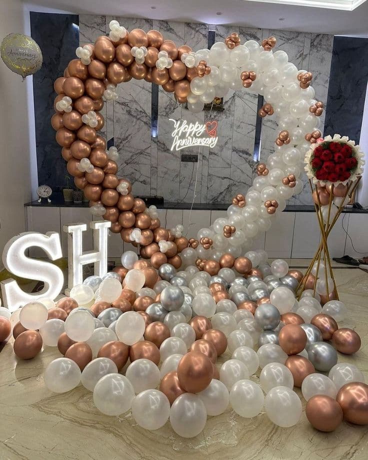 Happy Anniversary Heart-Shaped Balloon Decor With SH Initials And Rose Bouquet