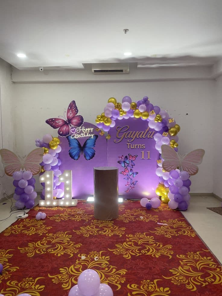 Happy Birthday Gayatri Turns Eleven Balloon Decor With Butterflies And Illuminated Number