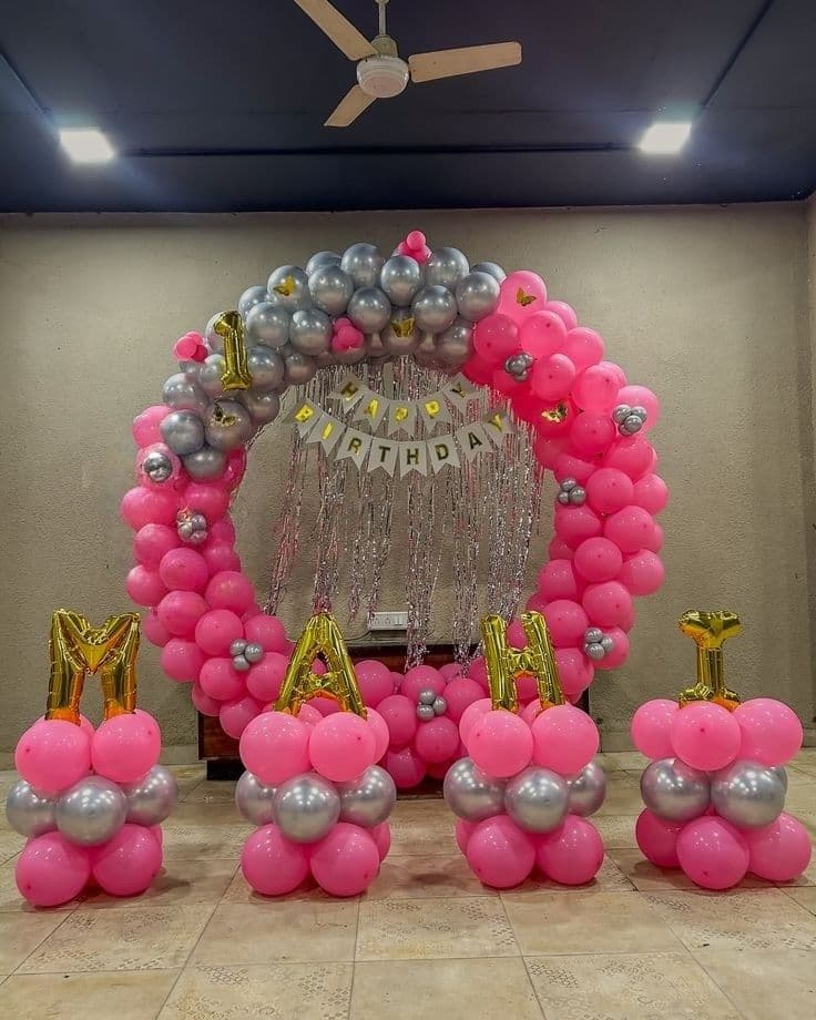 Happy Birthday MAHI Balloon Decor With Pink-Silver Arch And Golden Number