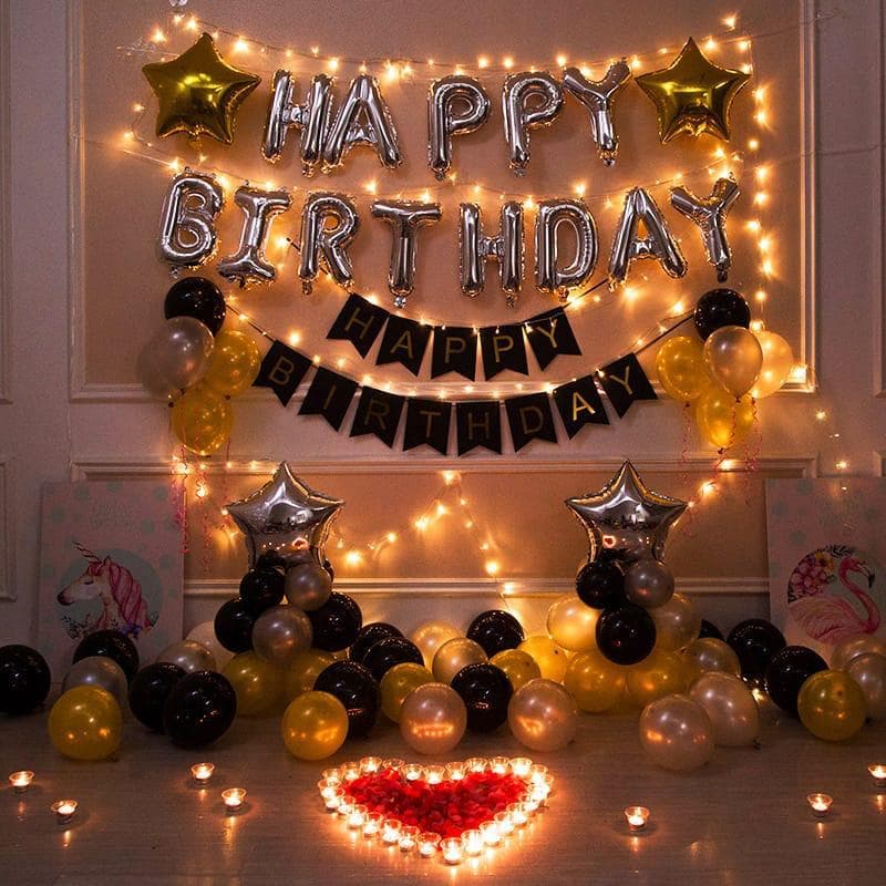 Happy Birthday Black-Gold Balloon Decor With Flamingo And Rose Petal Heart