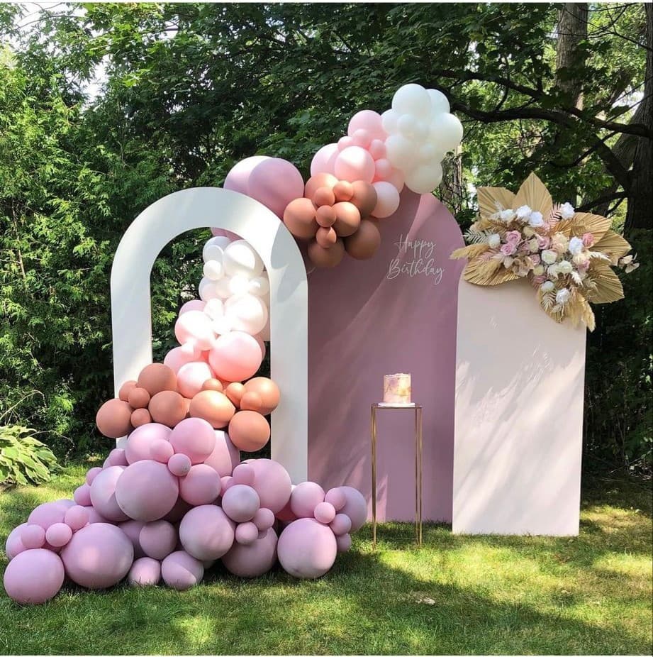 Happy Birthday Mauve Balloon Decor With Floral Arch And Cake Stand