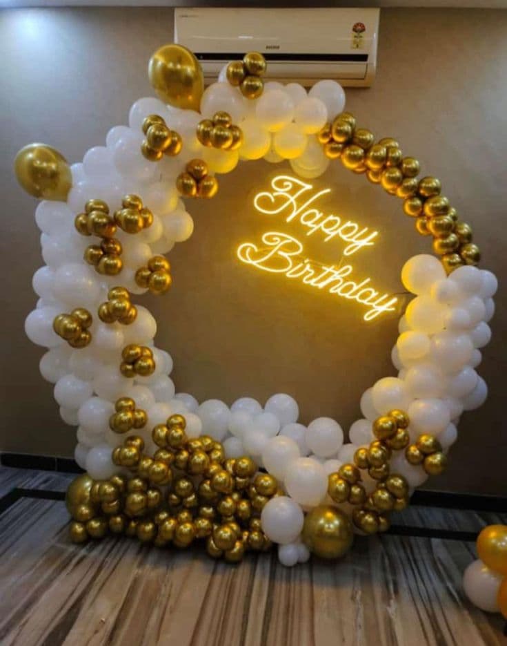 Happy Birthday White And Gold Balloon Decor With Neon Sign And Circular Arch