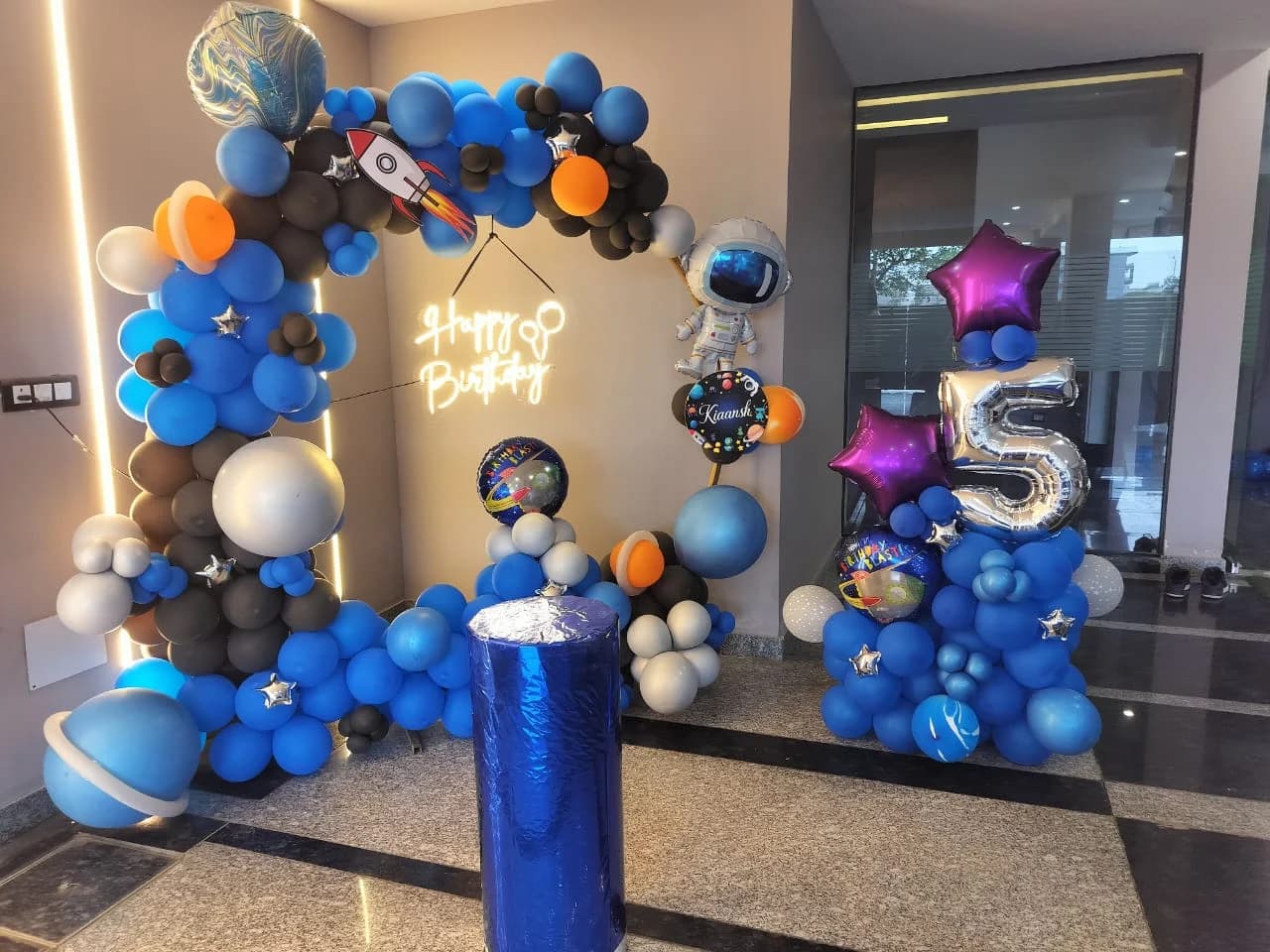 Kiaansh 5th Birthday Space Theme Balloon Decor With Astronaut And Rocket Arch setup in Faridabad