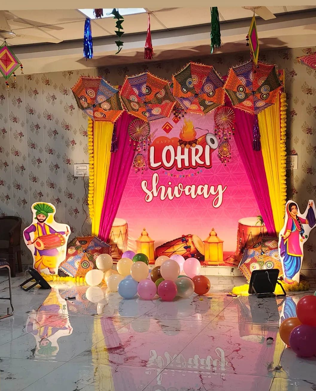Lohri Celebration Balloon Decor With Shivaay Name And Punjabi Cutouts