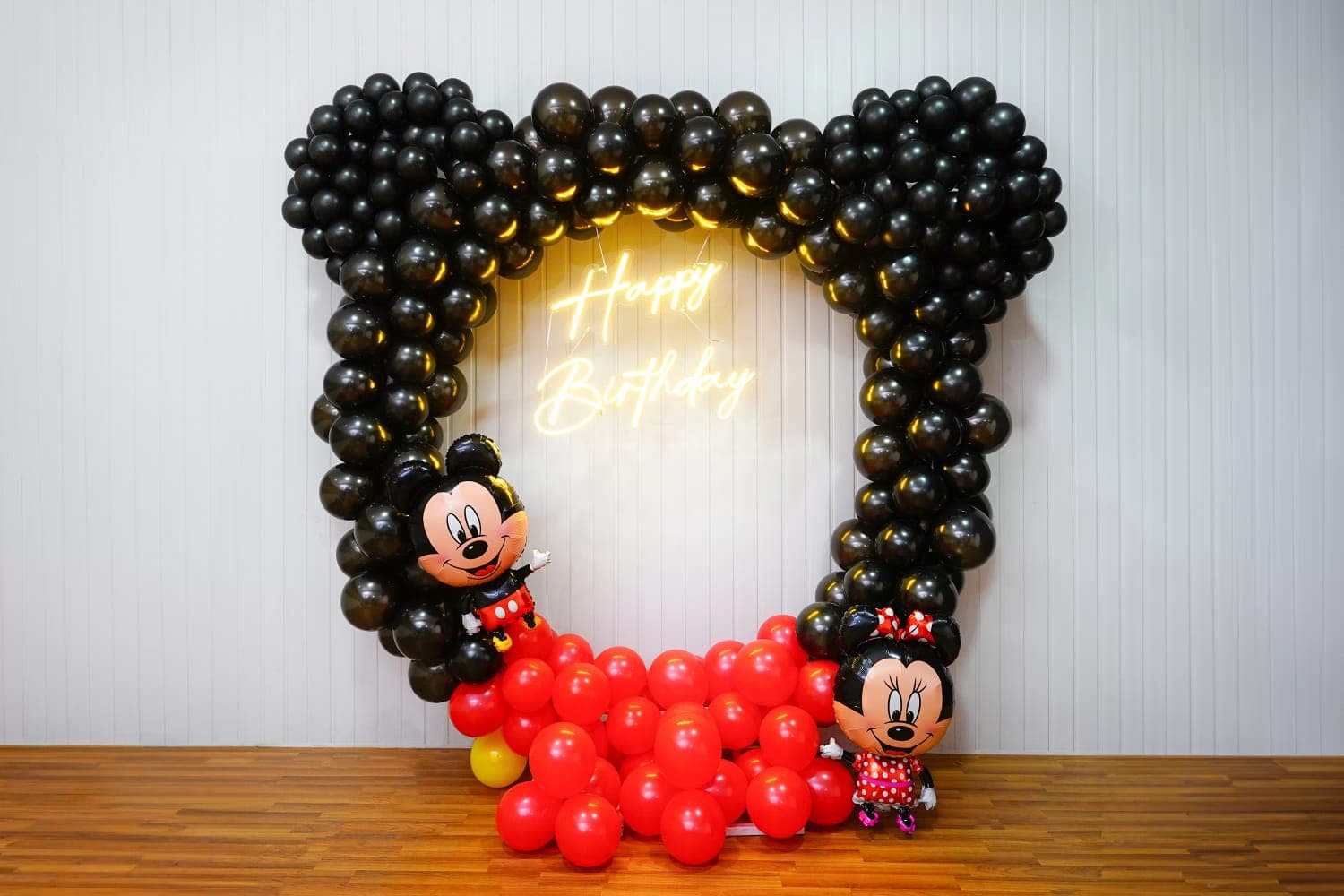 Mickey Mouse Ear Balloon Arch Birthday Decor With Character Props And Neon Sign