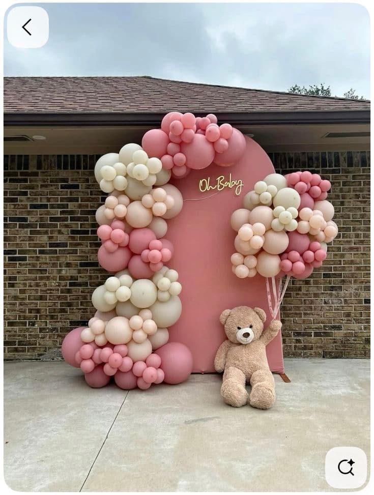 Oh Baby Pink Balloon Decor With Teddy Bear And Neon Sign For Baby Shower