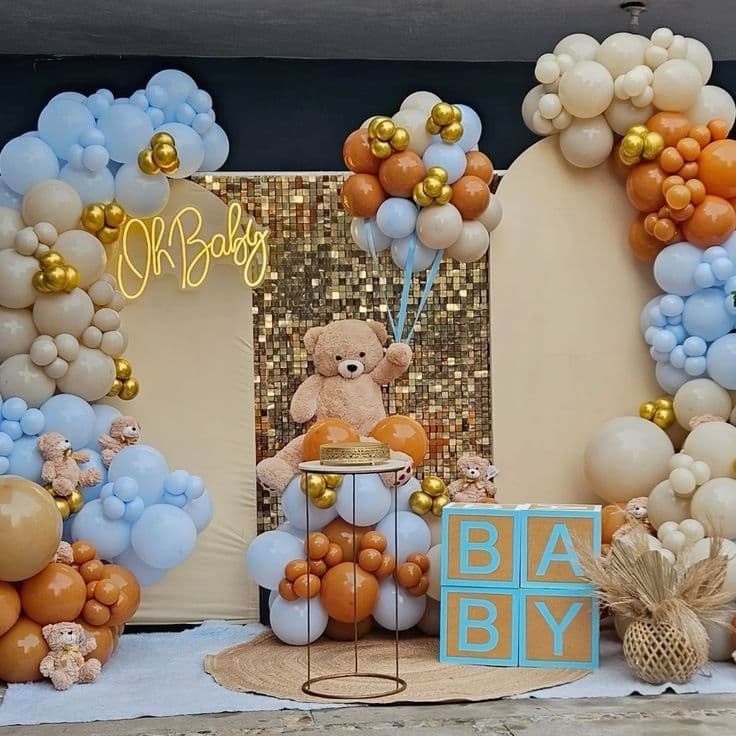 Oh Baby Teddy Bear Balloon Decor With Gold Sequin Wall And BABY Blocks