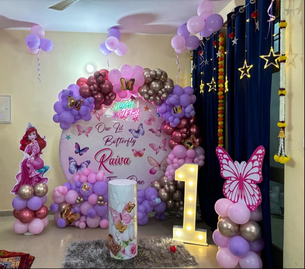Raiva 1st Birthday Butterfly Theme Balloon Decor With Pink Purple Arch And Princess Setup setup in Faridabad
