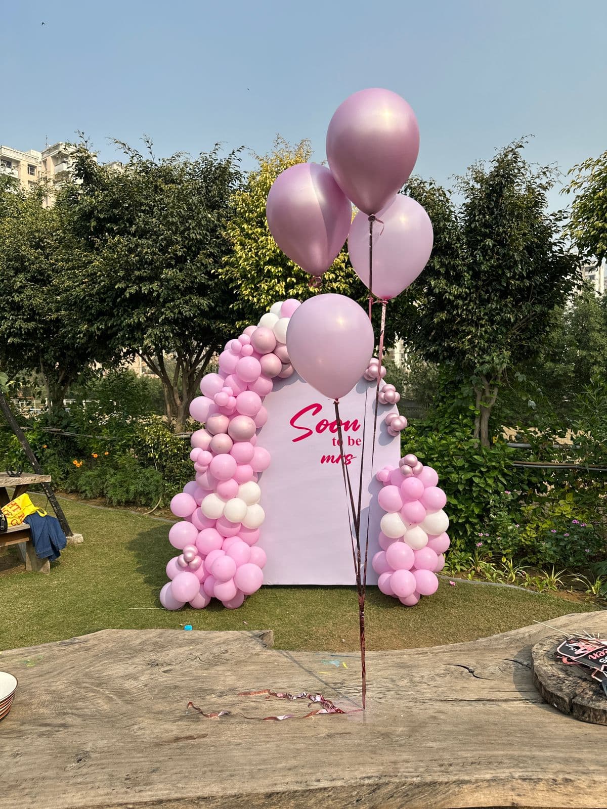 Soon To Be Mrs Or Bride To Be Pink Balloon Decor With Outdoor Garden Setup And Helium Accents