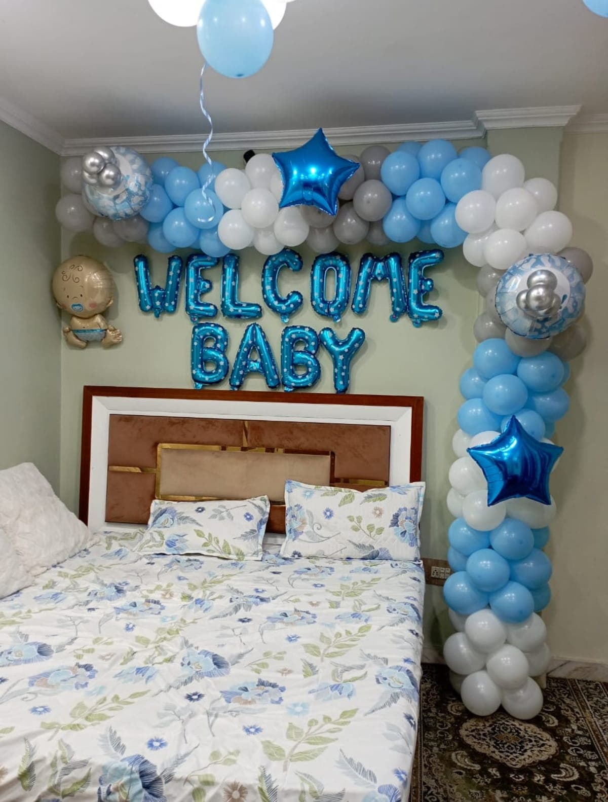 Welcome Baby Bedroom Balloon Decor With Blue Star And Baby Props
