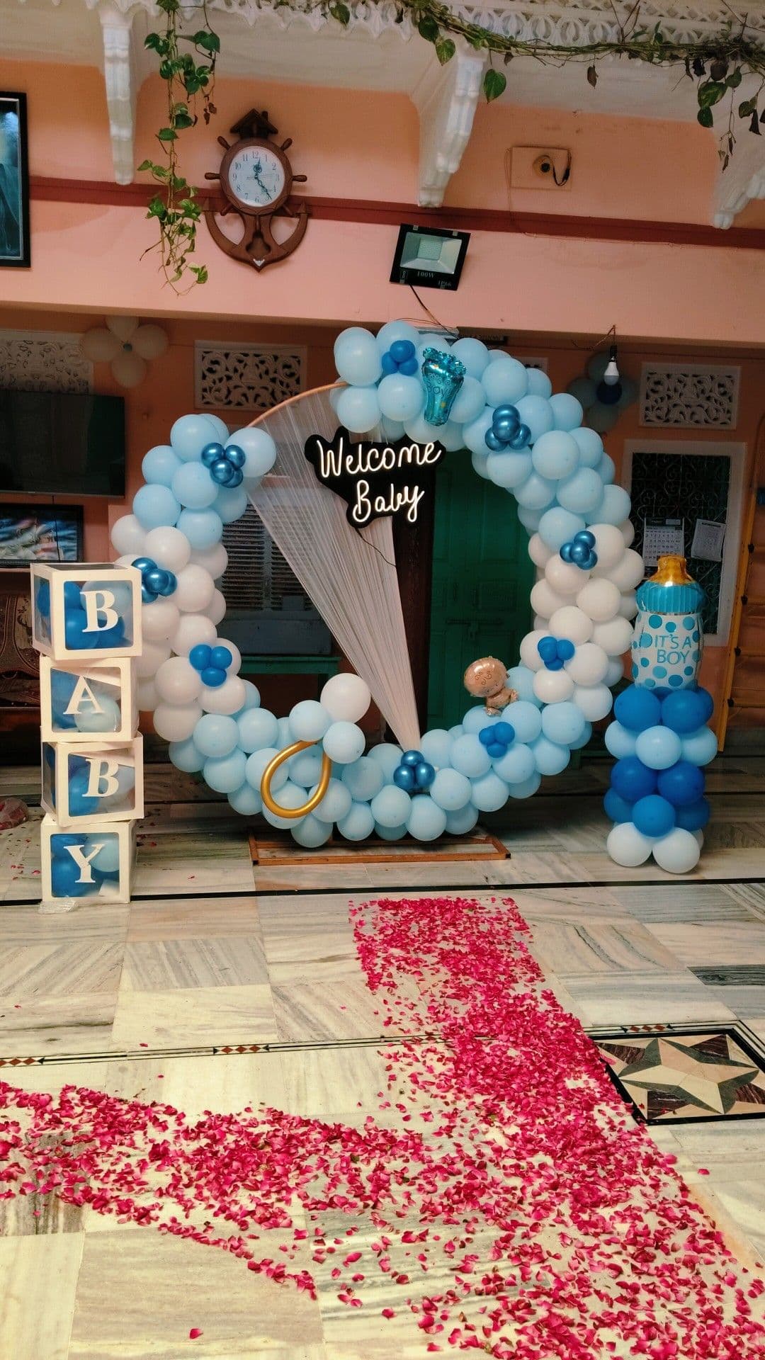 Welcome Baby Boy Balloon Decor With Flower Accents And Baby Bottle Sculpture
