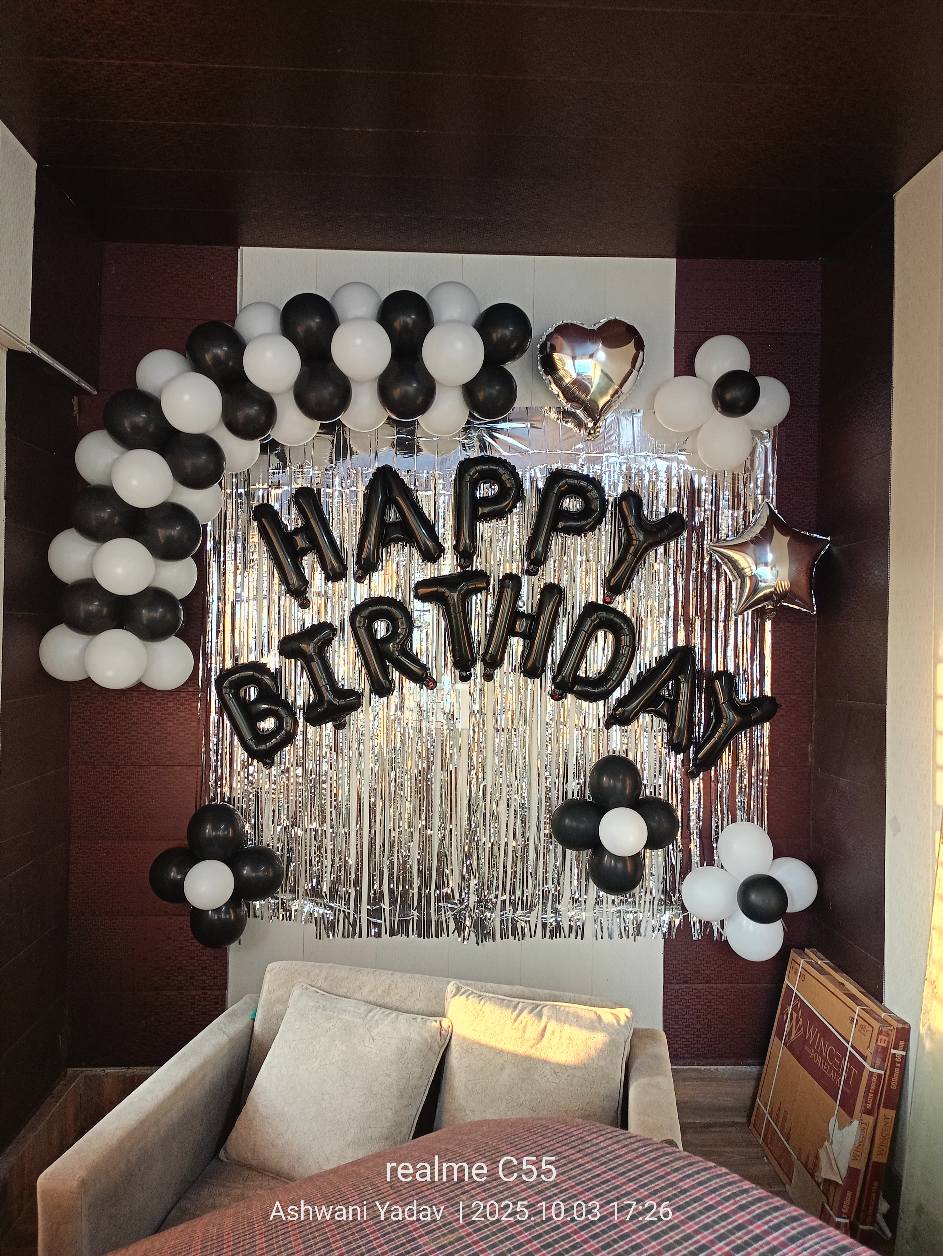 Black White Silver Birthday Balloon Decor