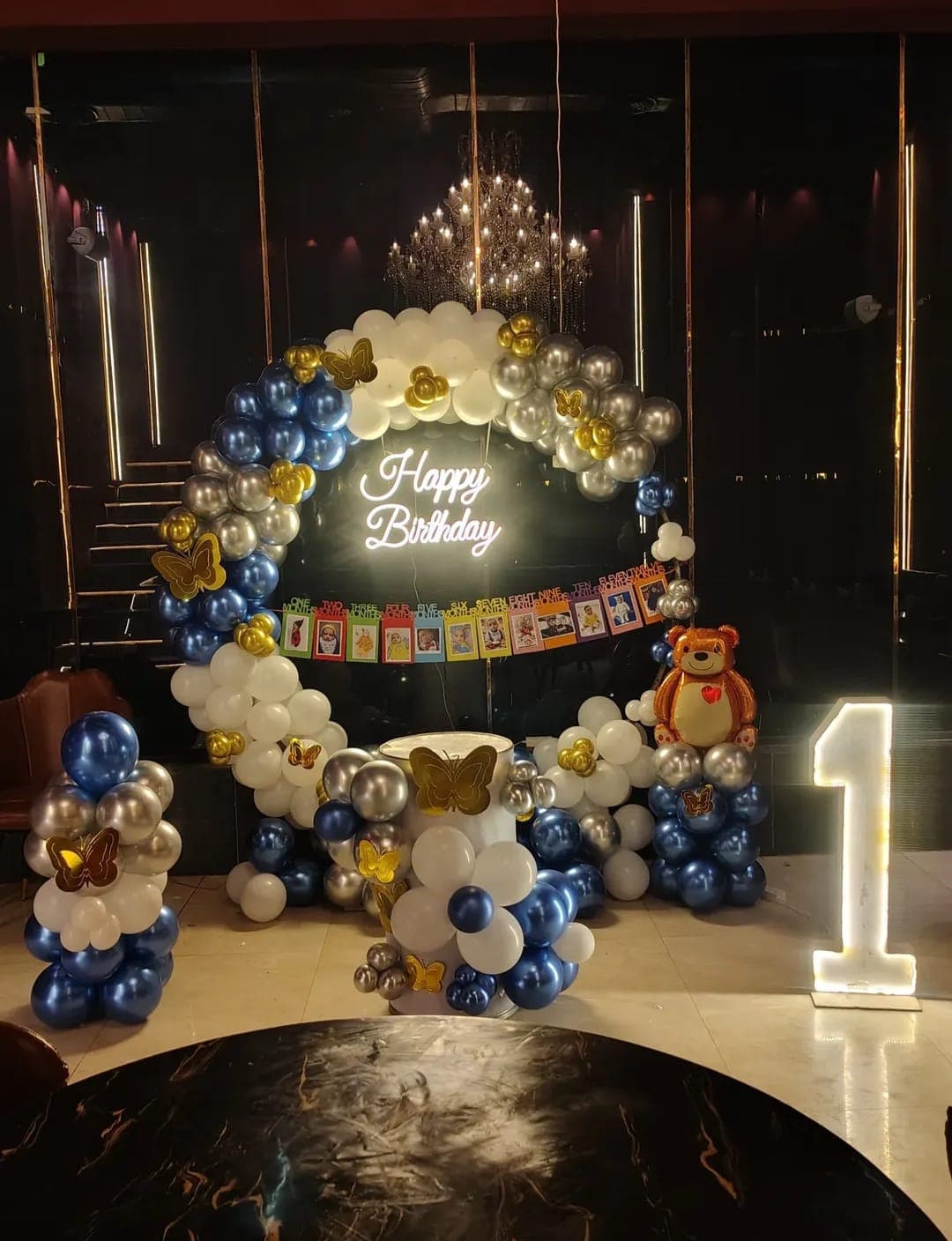 Blue Gold Butterfly First Birthday Balloon Decor With Photo String And Teddy