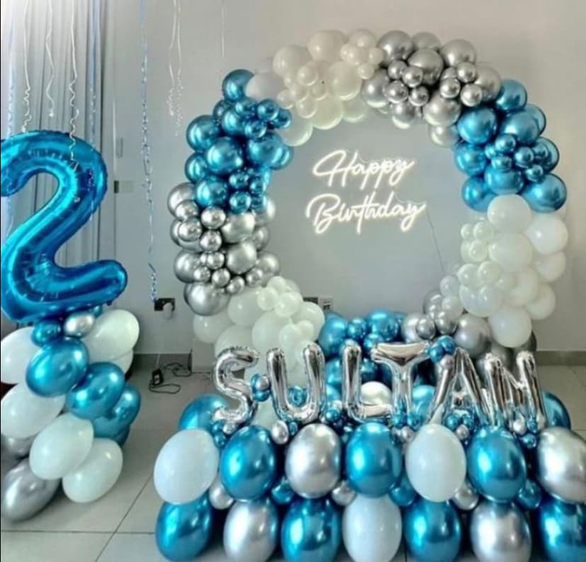 Blue Silver White Second Birthday Balloon Decor For Sultan