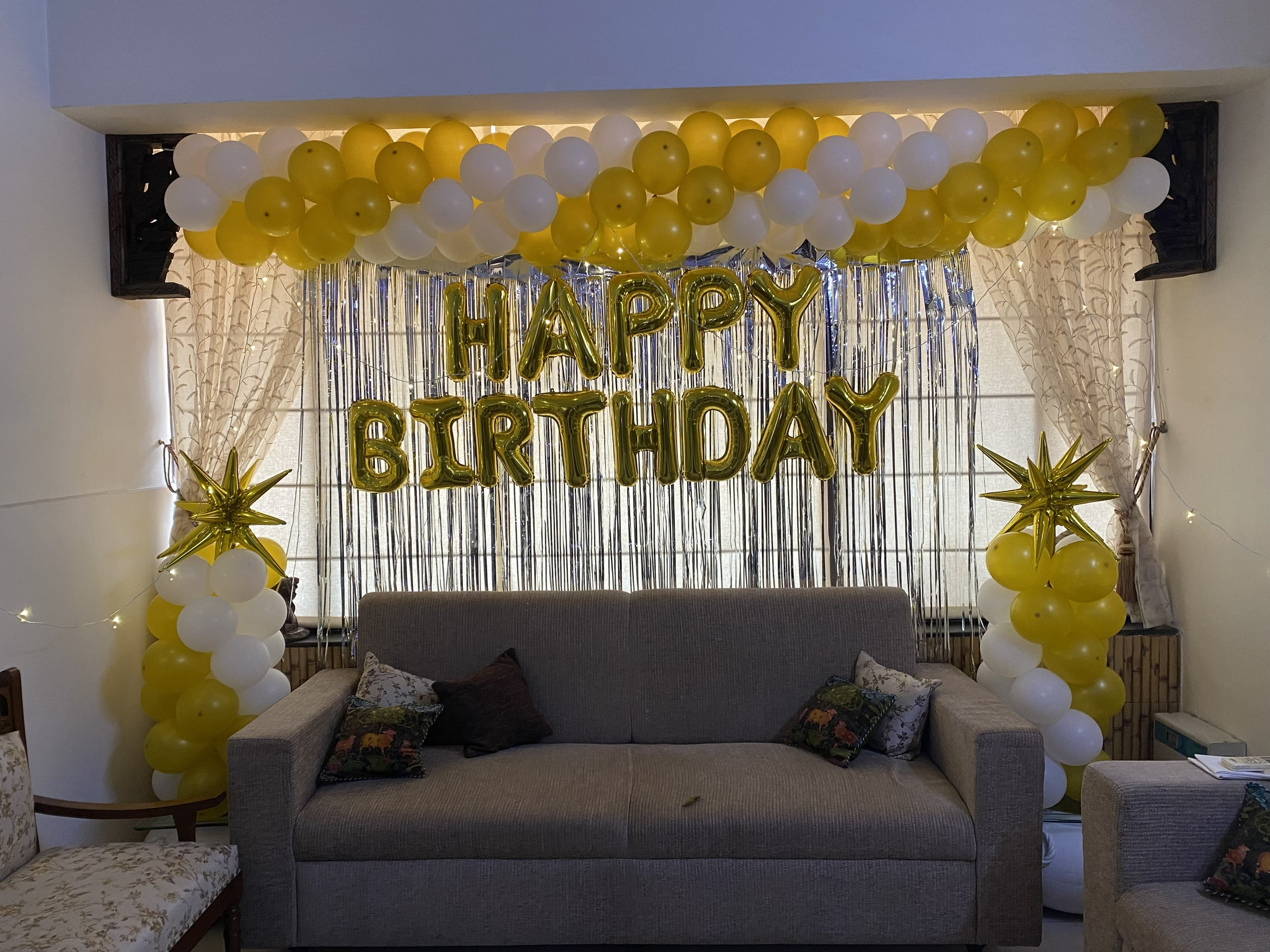 Gold White Birthday Balloon Decor With Fringe Backdrop