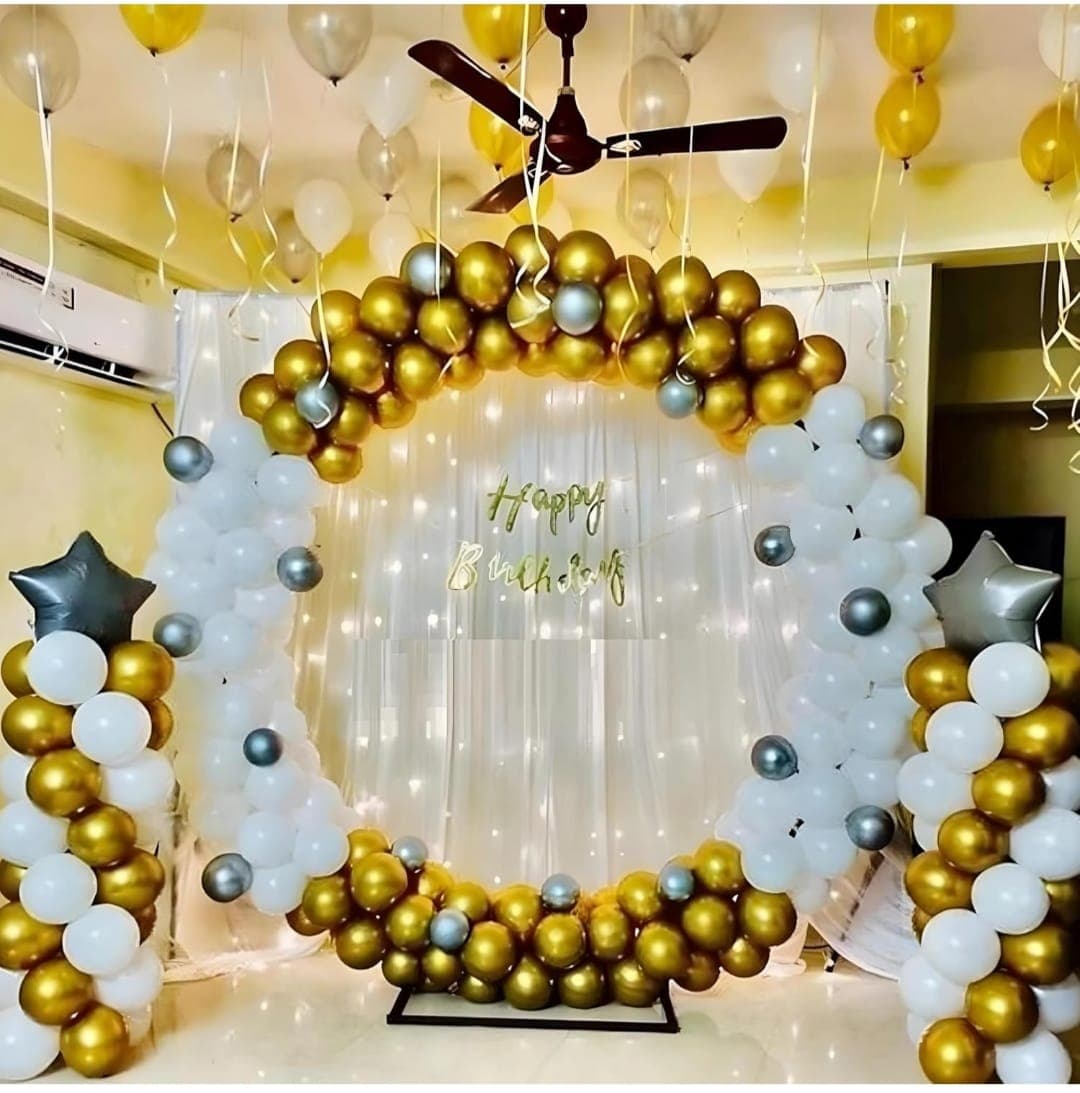Gold White Silver Balloon Arch Birthday Decor With Star Columns