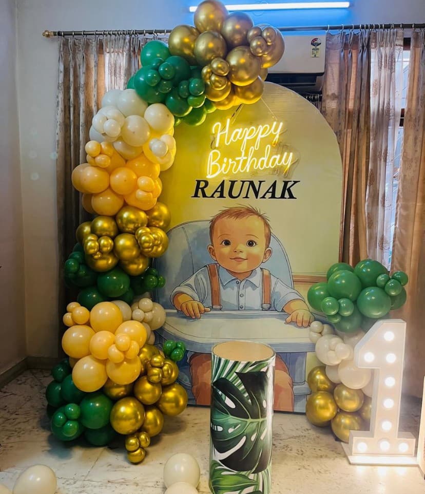 Green Gold White First Birthday Balloon Decor For Raunak