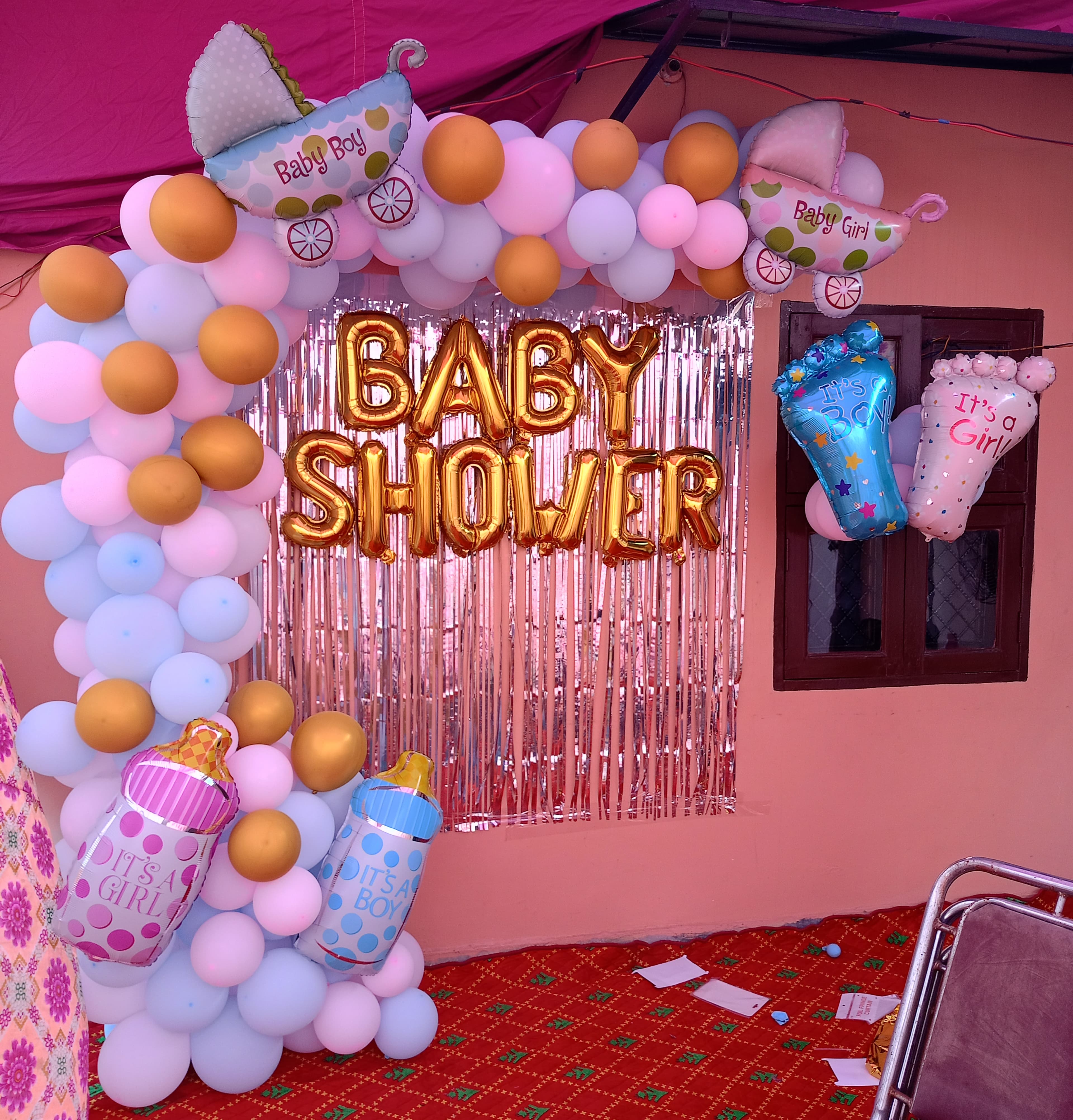 Pastel Baby Shower Balloon Decor With Fringe Backdrop And Themed Props