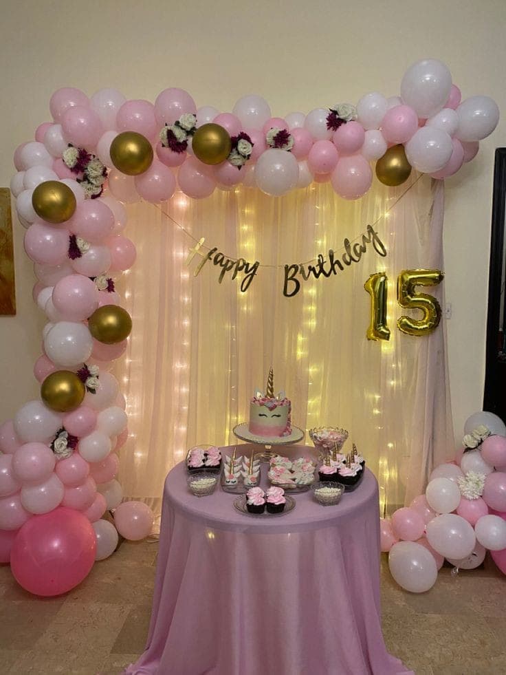 Pink Gold Unicorn Fifteenth Birthday Balloon Decor