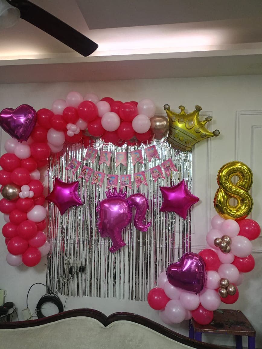 Pink Unicorn Crown Balloon Decor For 8th Birthday With Silver Fringe Backdrop