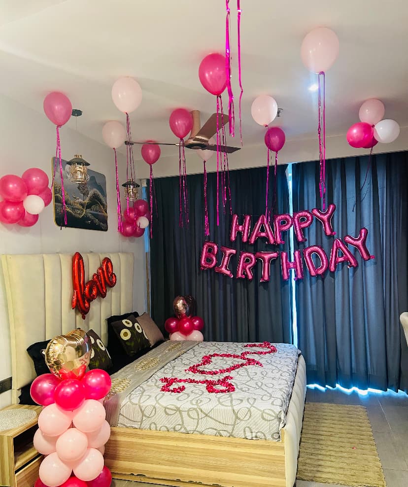 Pink White Romantic Birthday Room Decor With Rose Petals