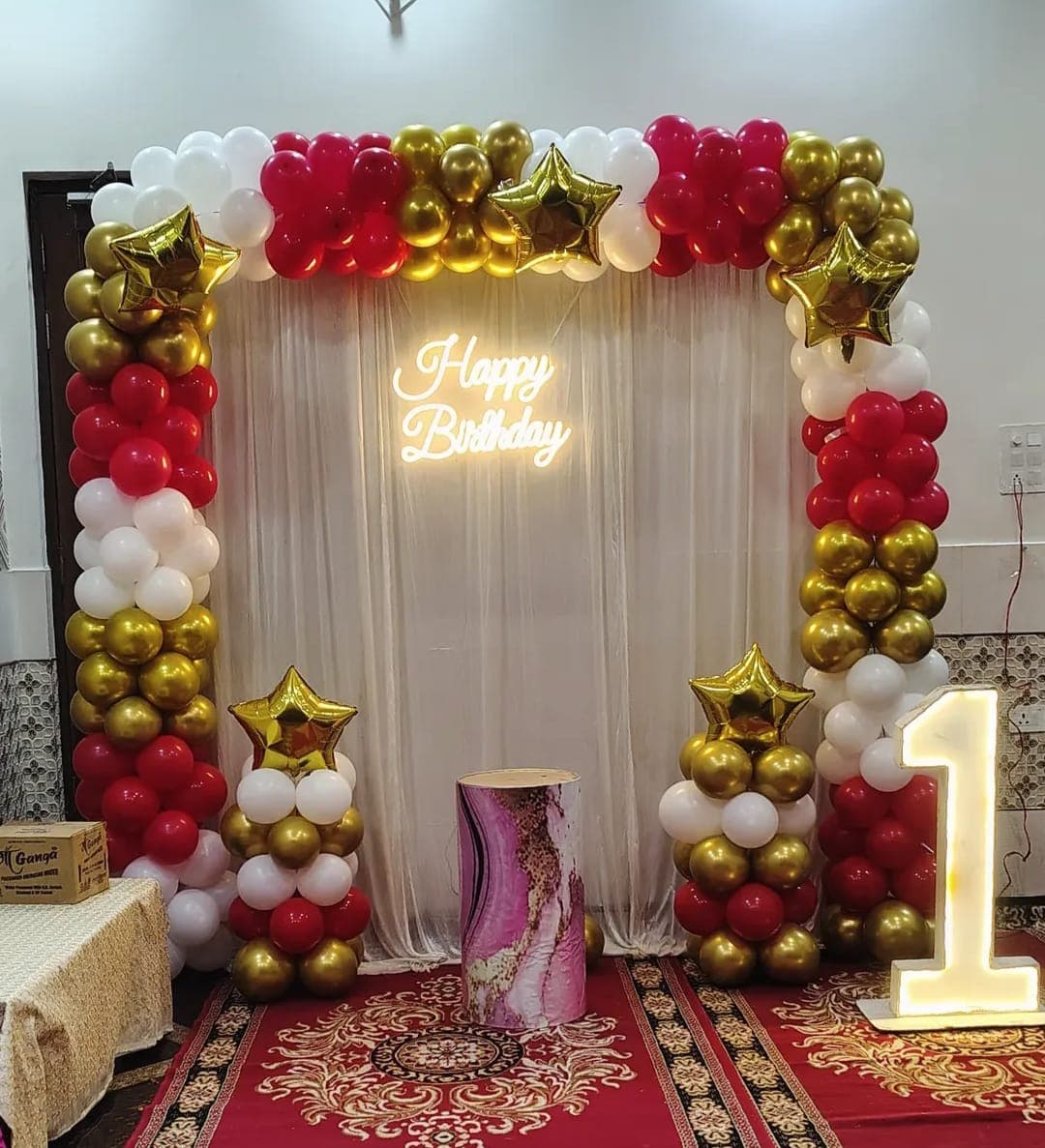 Red Gold Star Balloon First Birthday Decor With Unicorn Cake