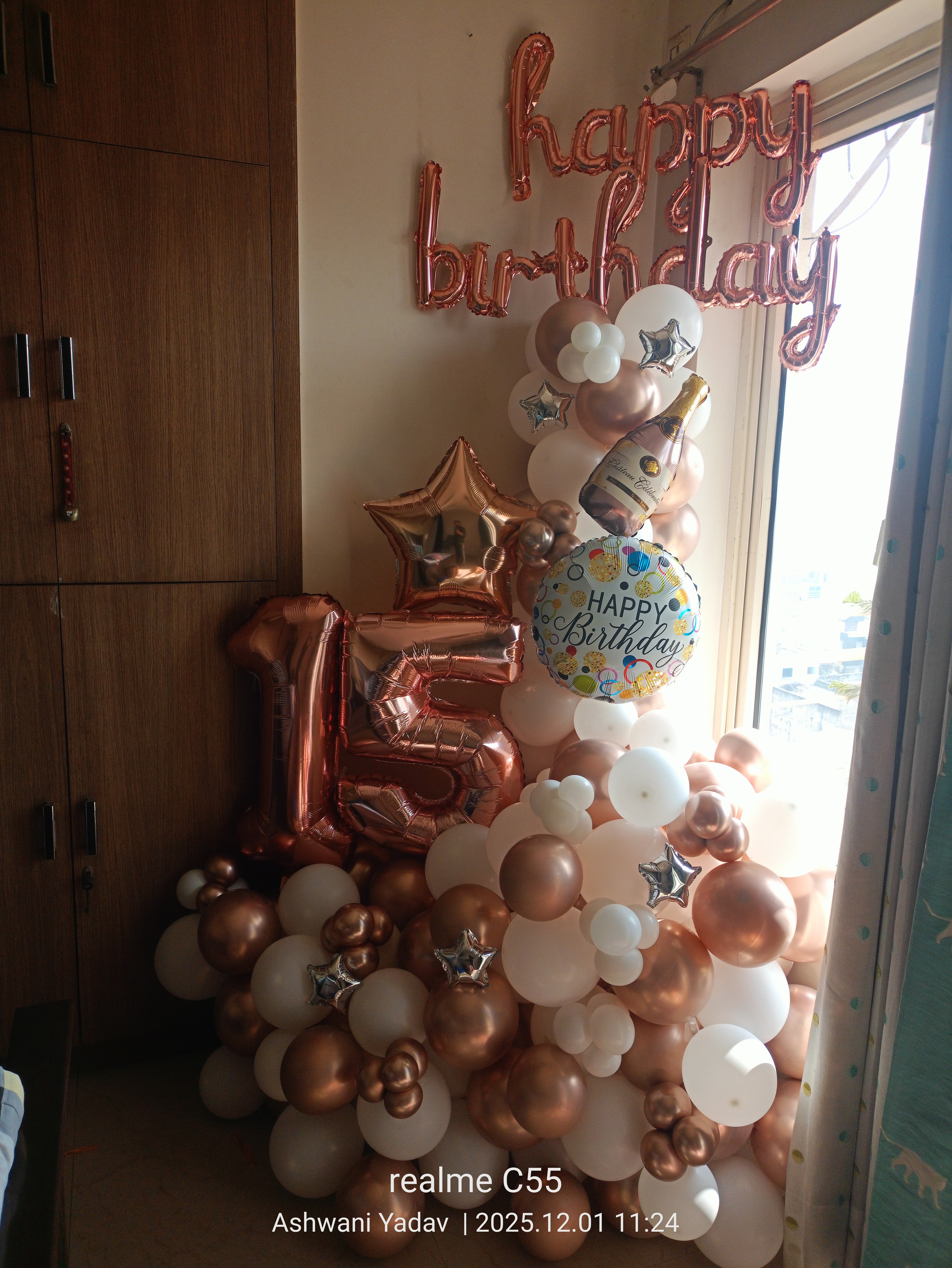Rose Gold White Silver Fifteenth Birthday Balloon Decor With Party Icons
