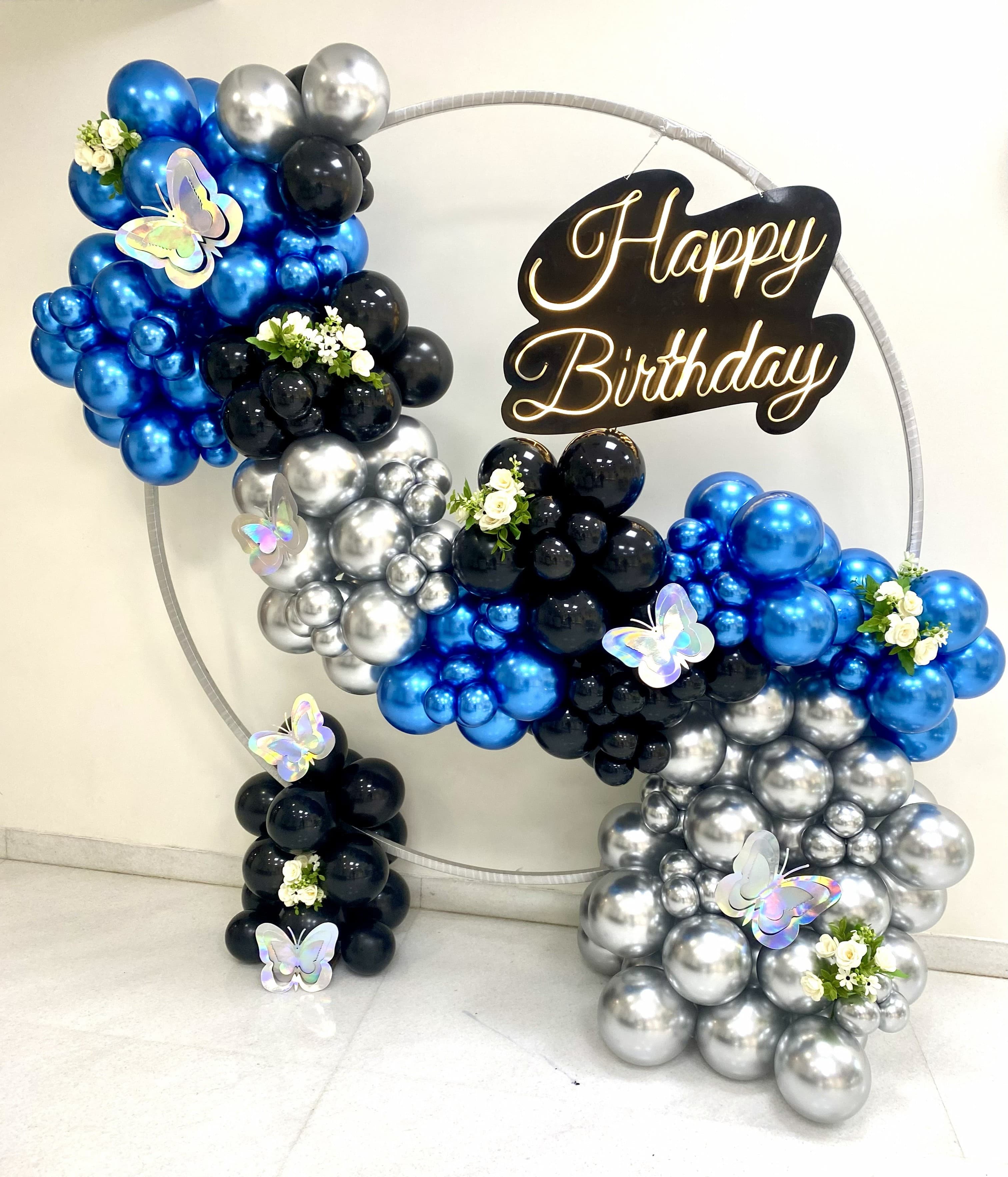 Silver Blue Black Butterfly Birthday Balloon Decor