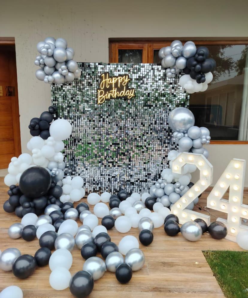 Silver Black White Balloon Sequin Birthday Setup