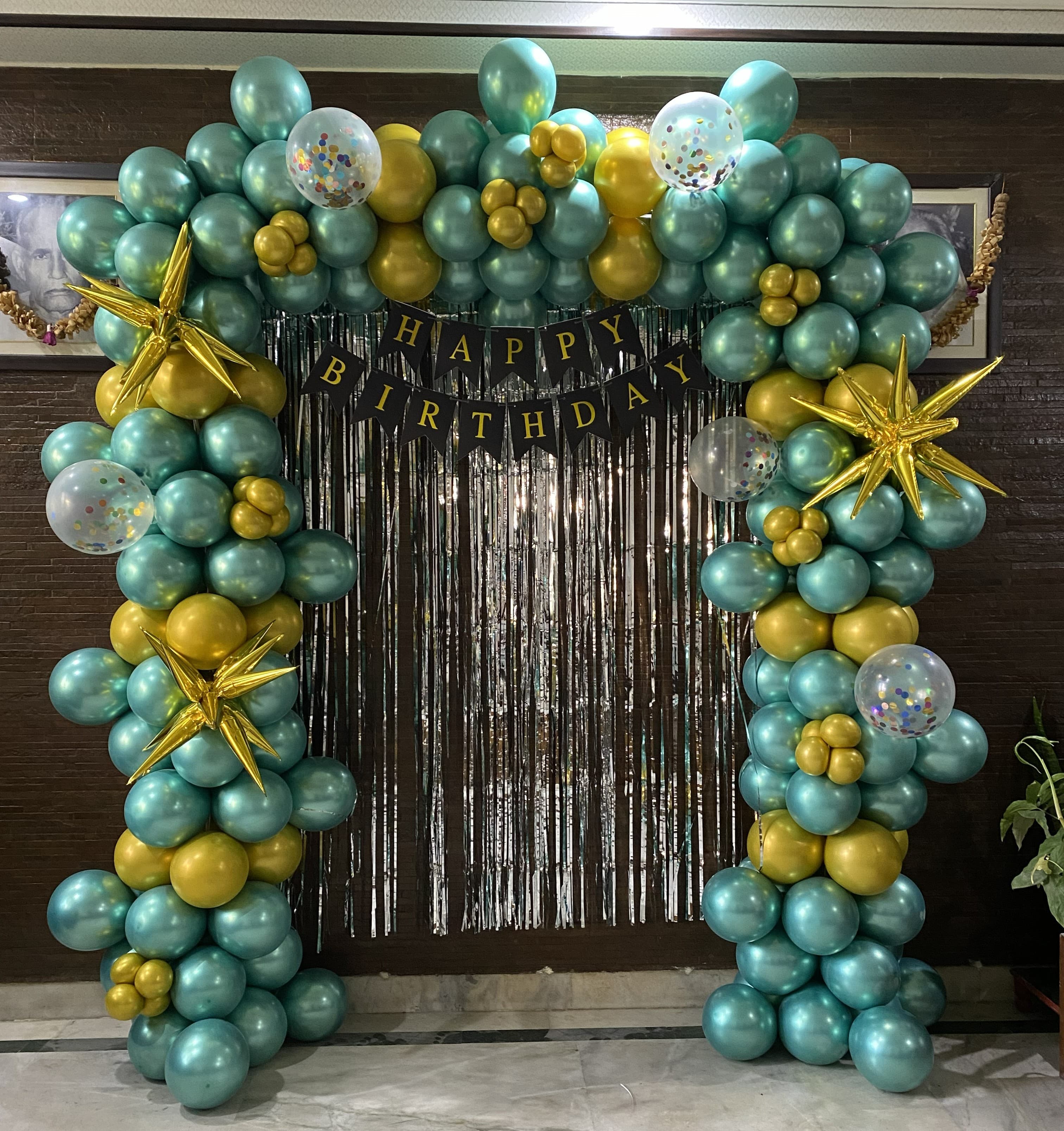 Teal Gold Birthday Balloon Arch With Confetti And Stars