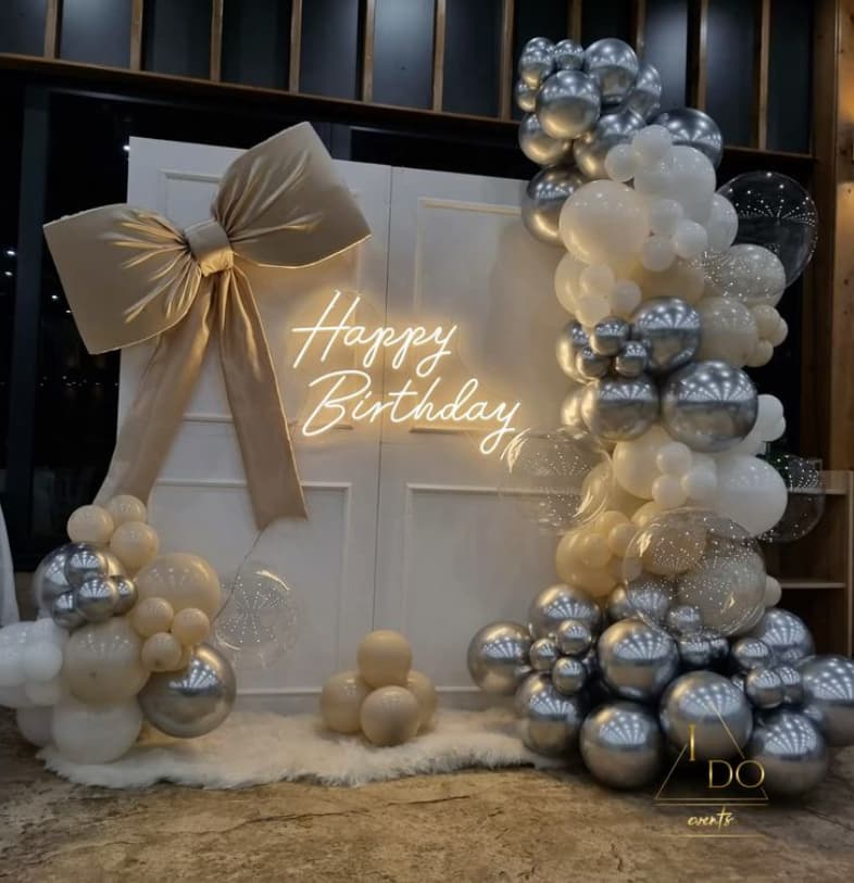 White Gold Silver Luxury Birthday Balloon Setup