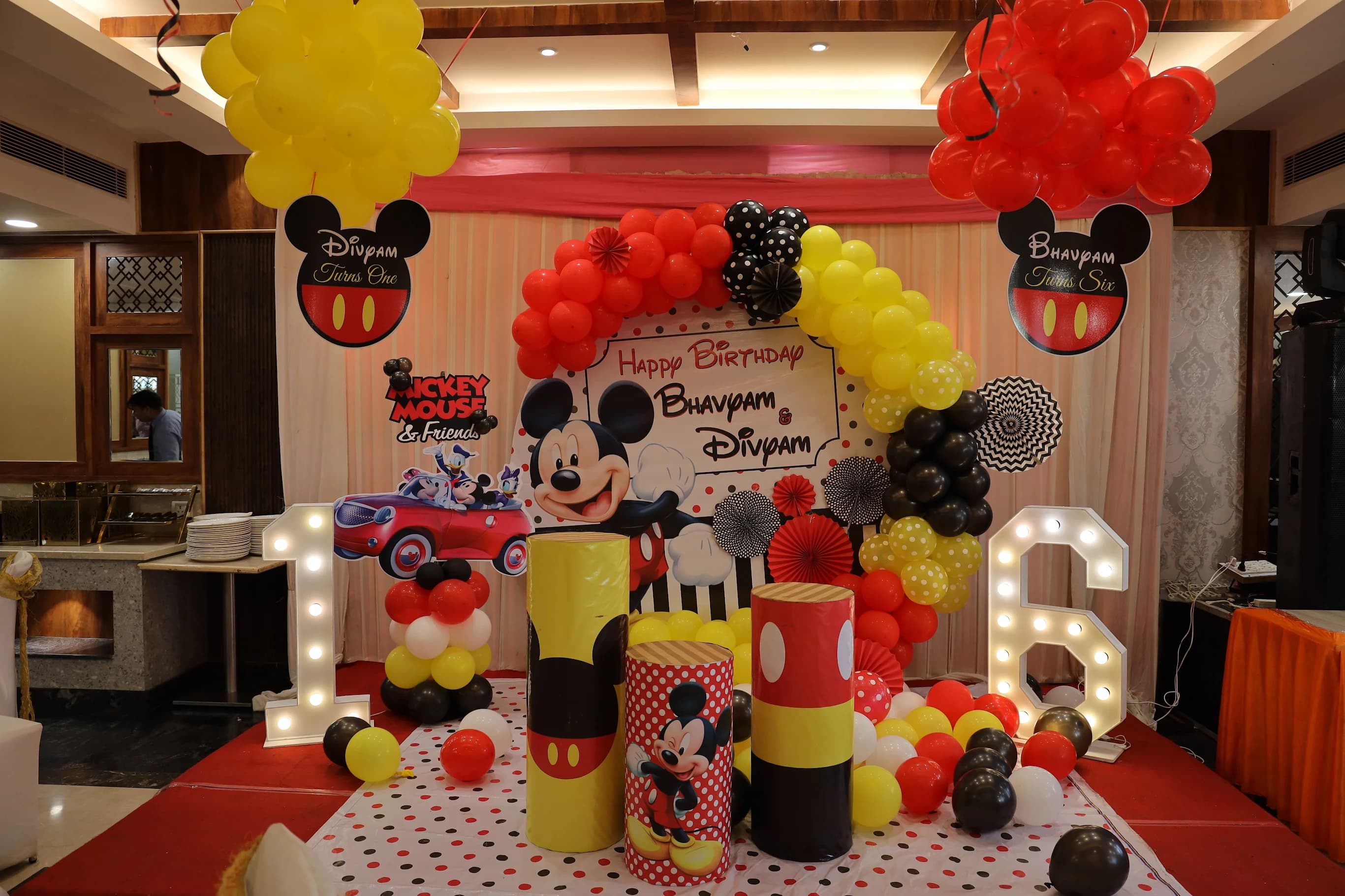 Bhavyam And Divyam Mickey Mouse Birthday Balloon Decor With Red Yellow Arch And Marquee Numbers
