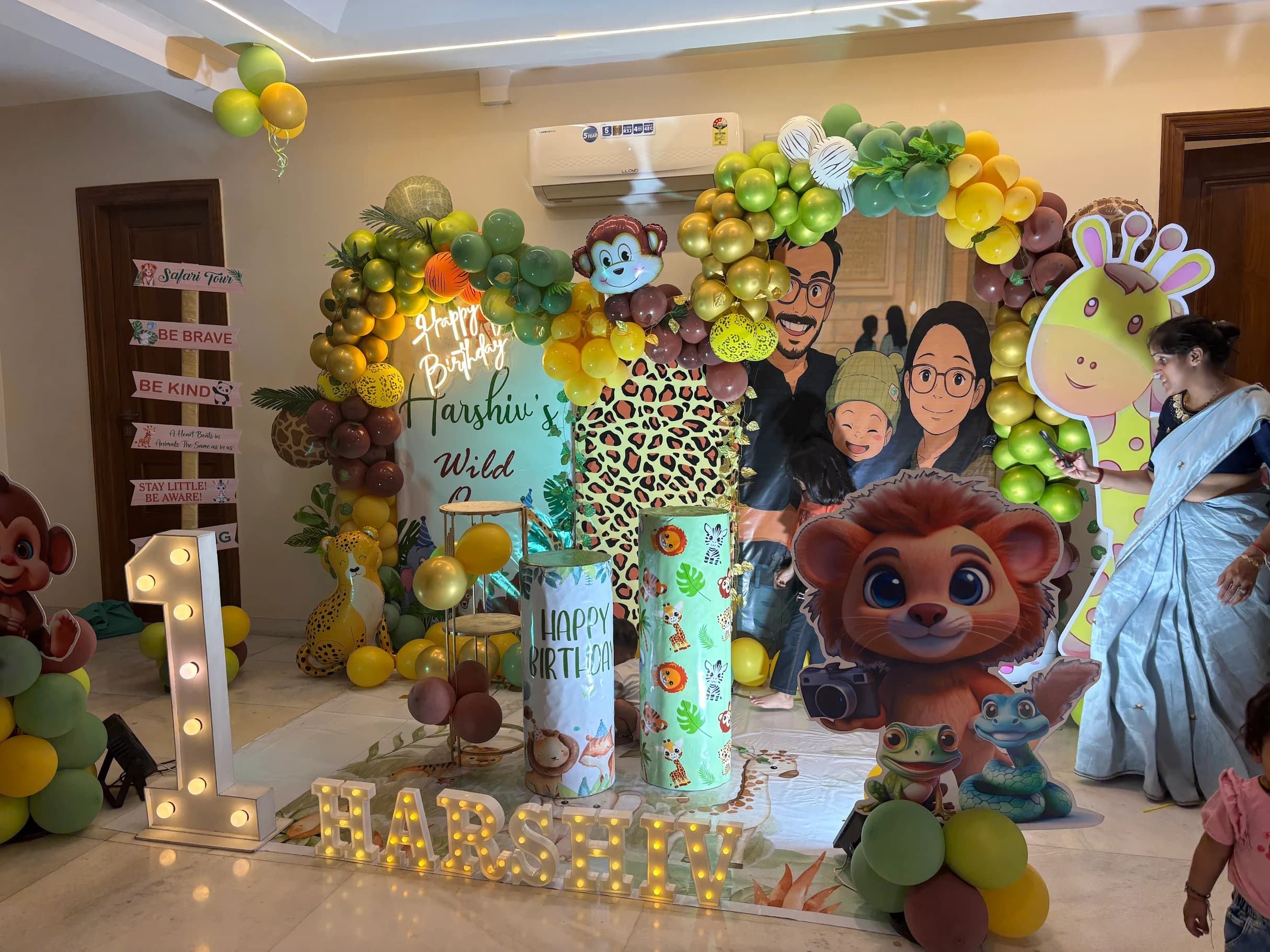 Harshiv First Birthday Jungle Safari Balloon Decor With Family Cutout And Animal Theme Backdrop